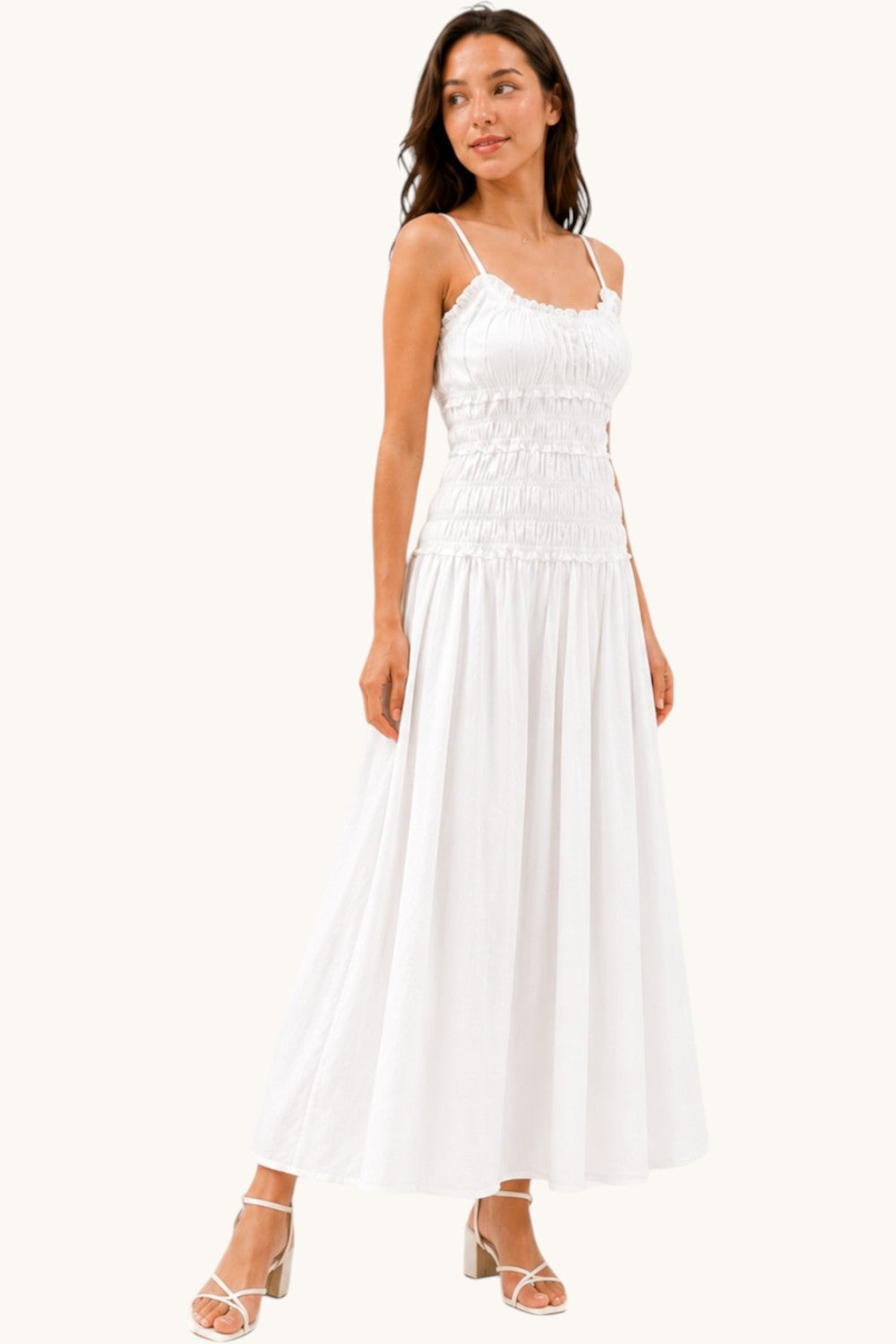 White Cotton Linen Cami Maxi Dress Non-Sheer Flowy Summer