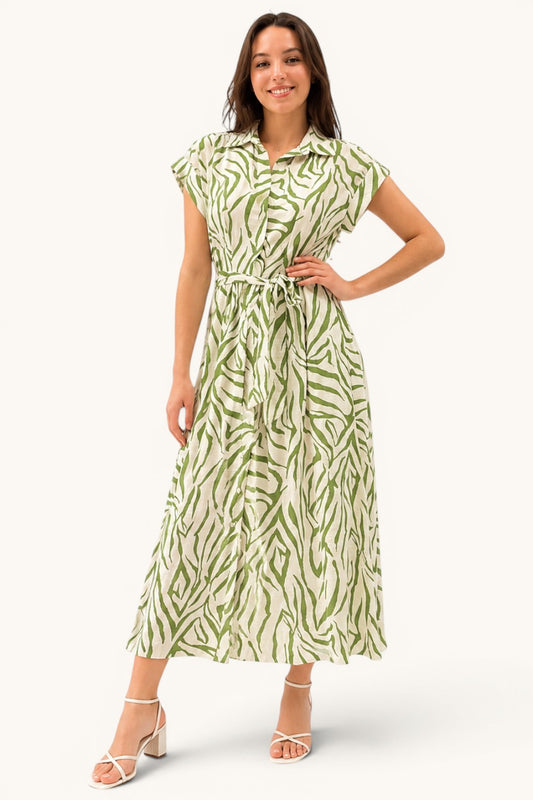 Printed Belted Shirt Midi Dress