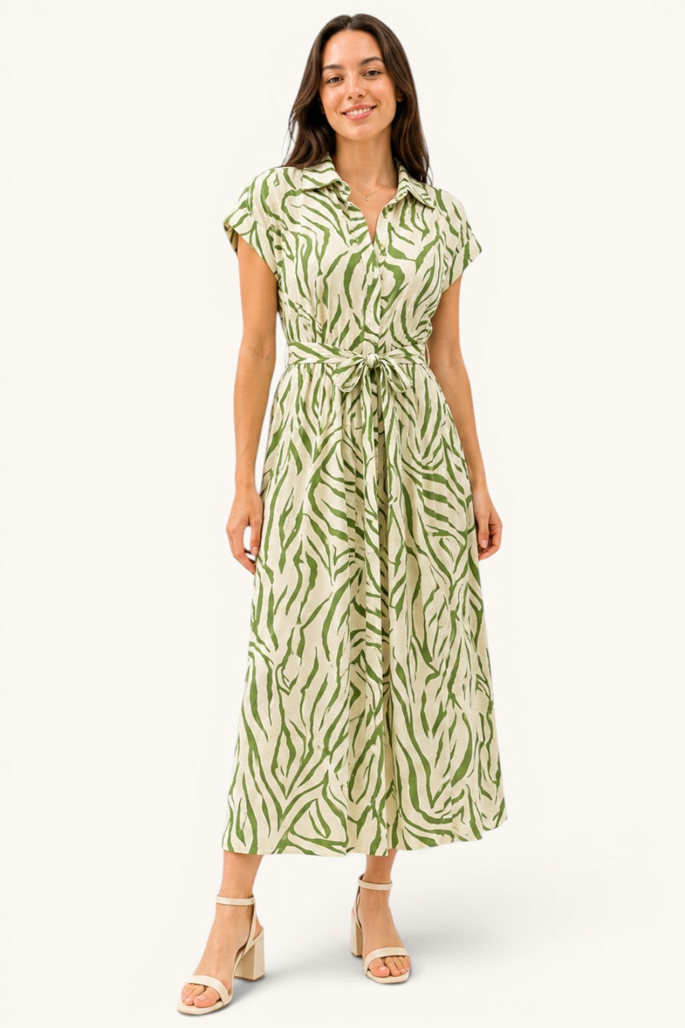Printed Belted Shirt Midi Dress