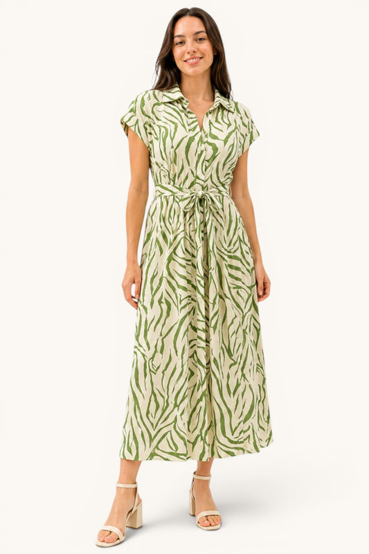 Printed Belted Shirt Midi Dress