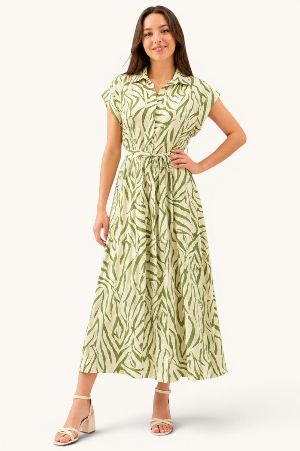 Printed Belted Shirt Midi Dress