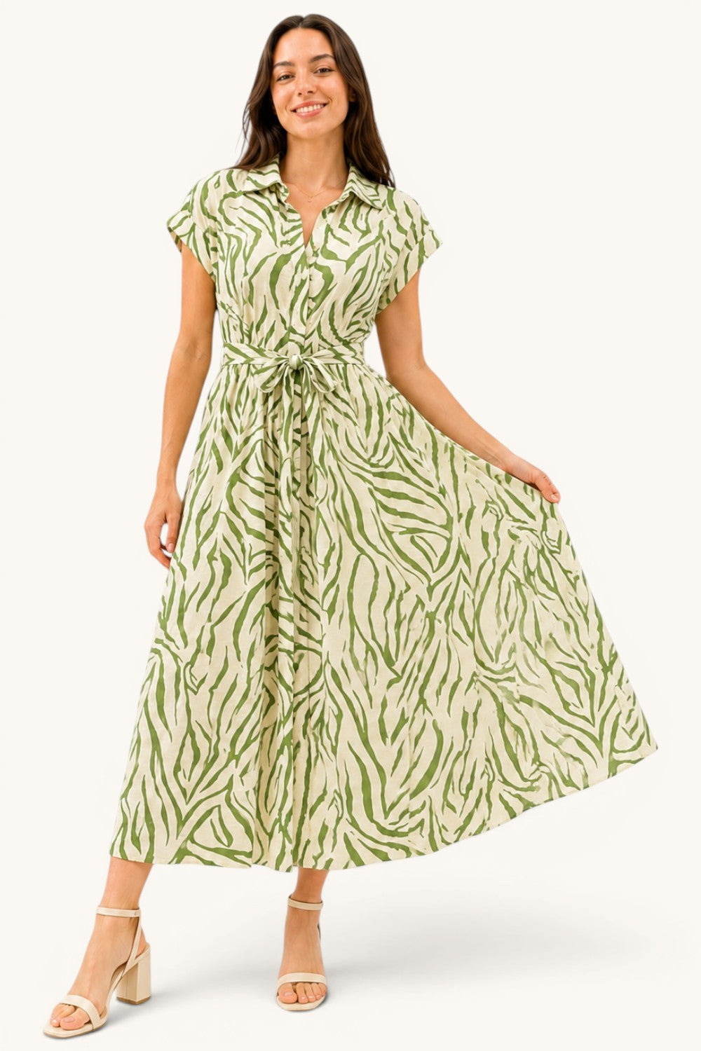 Printed Belted Shirt Midi Dress