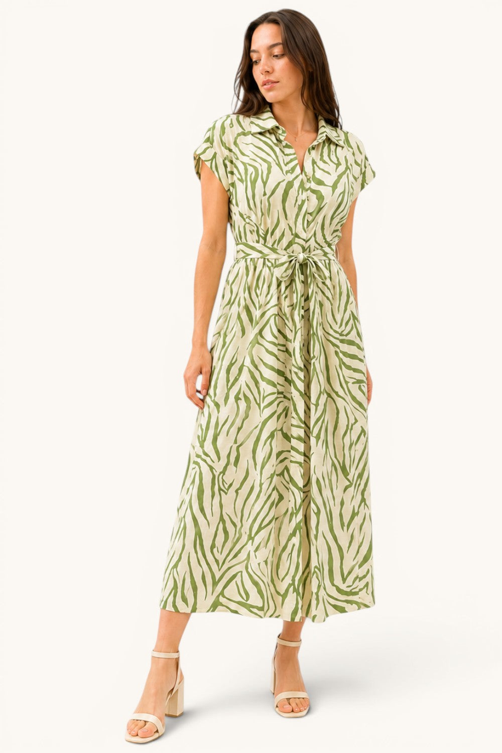 Printed Belted Shirt Midi Dress