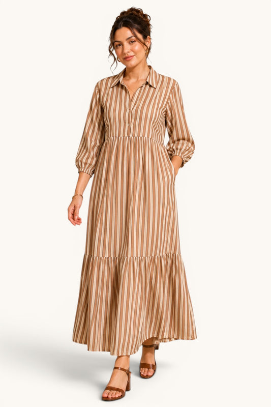 Neutral Stripe Tiered Maxi Dress