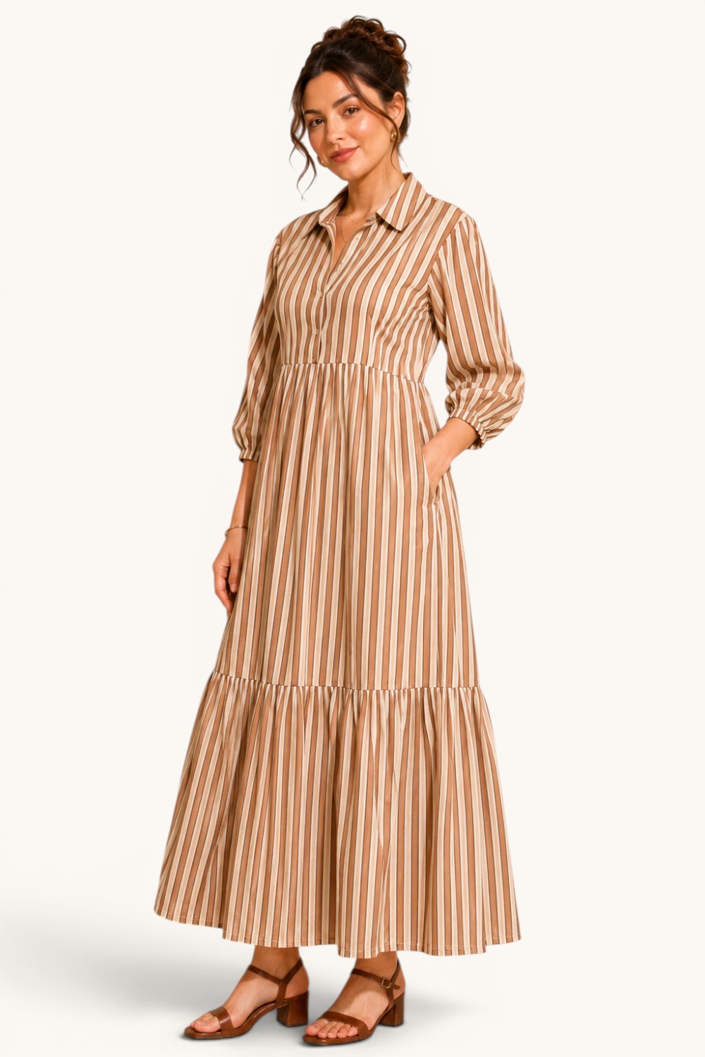 Neutral Stripe Tiered Maxi Dress