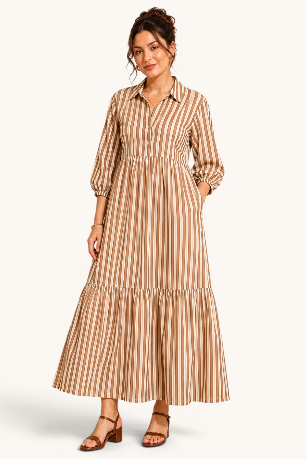 Neutral Stripe Tiered Maxi Dress