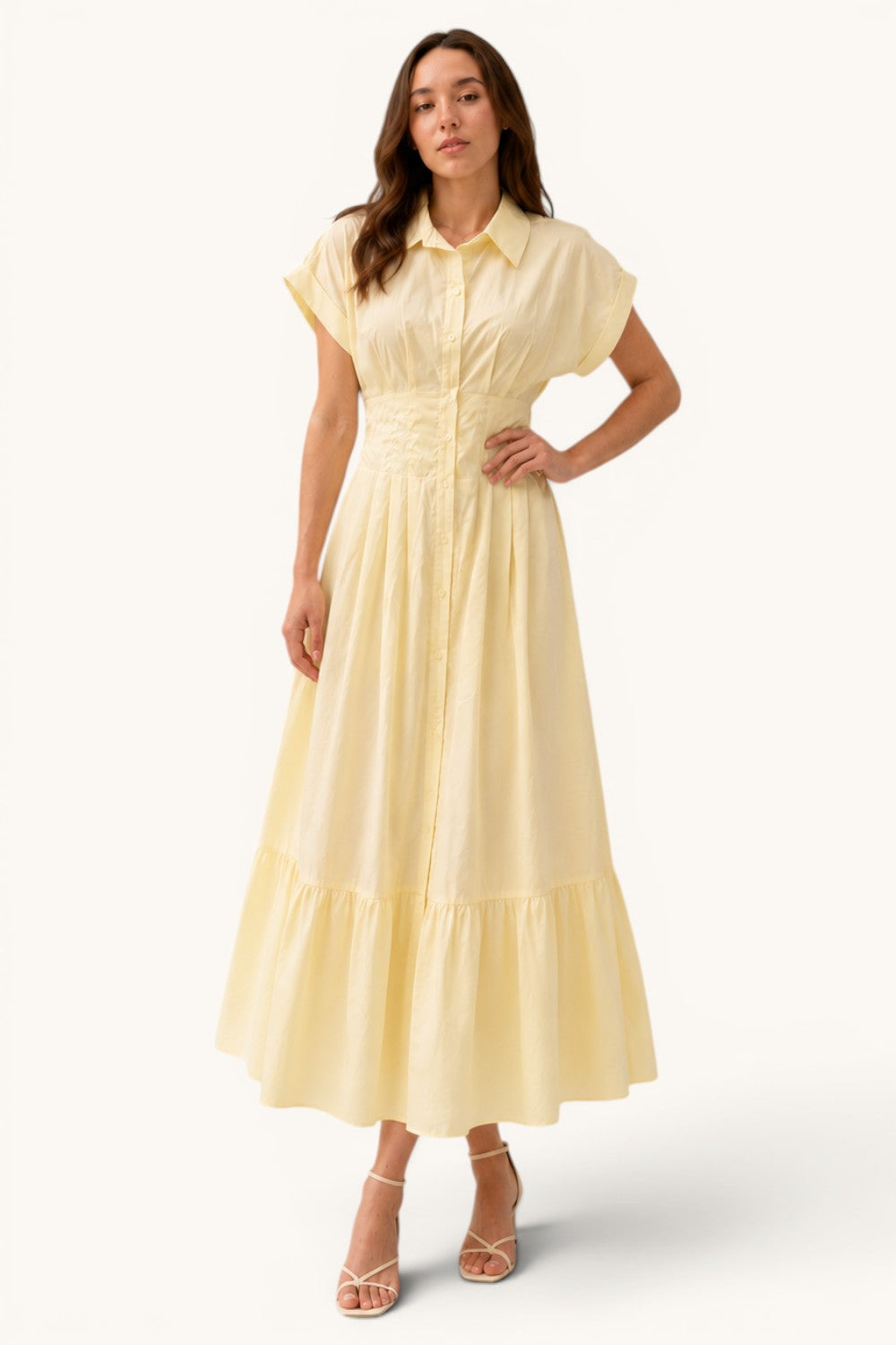 Smocked Waist Button Down Maxi Shirt Dress Womens Boutique Dress