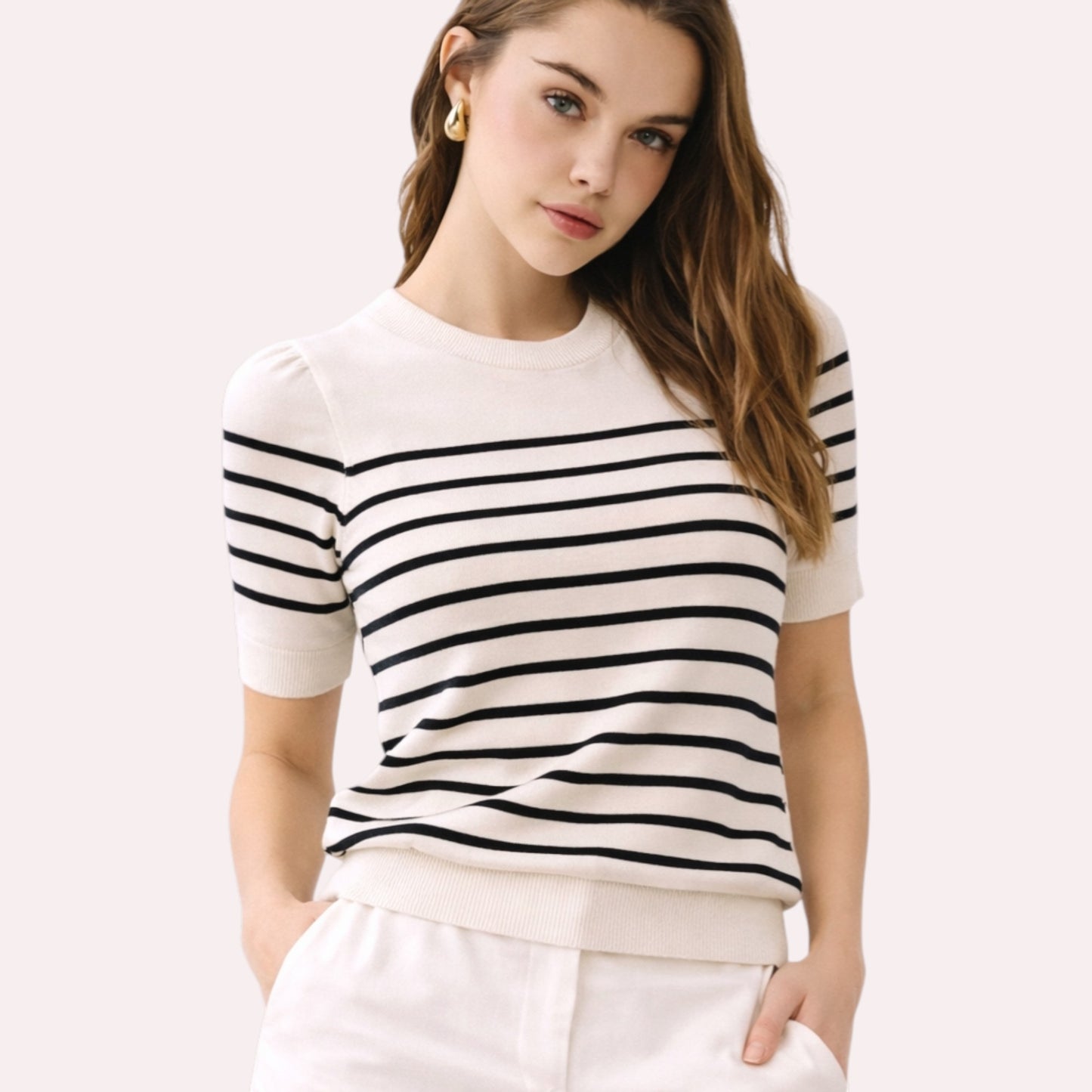 Striped Knit Short Sleeve Sweater Womens Boutique Knit Top