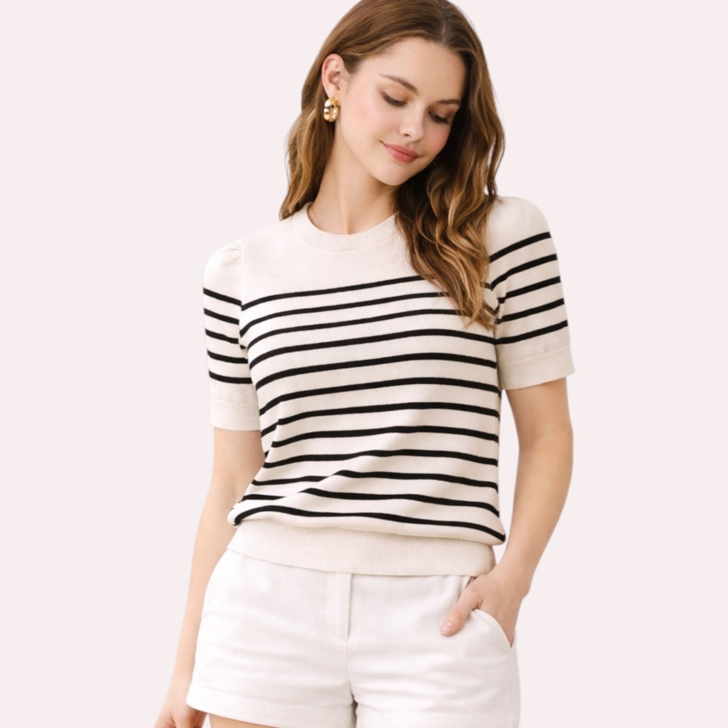 Striped Knit Short Sleeve Sweater Womens Boutique Knit Top