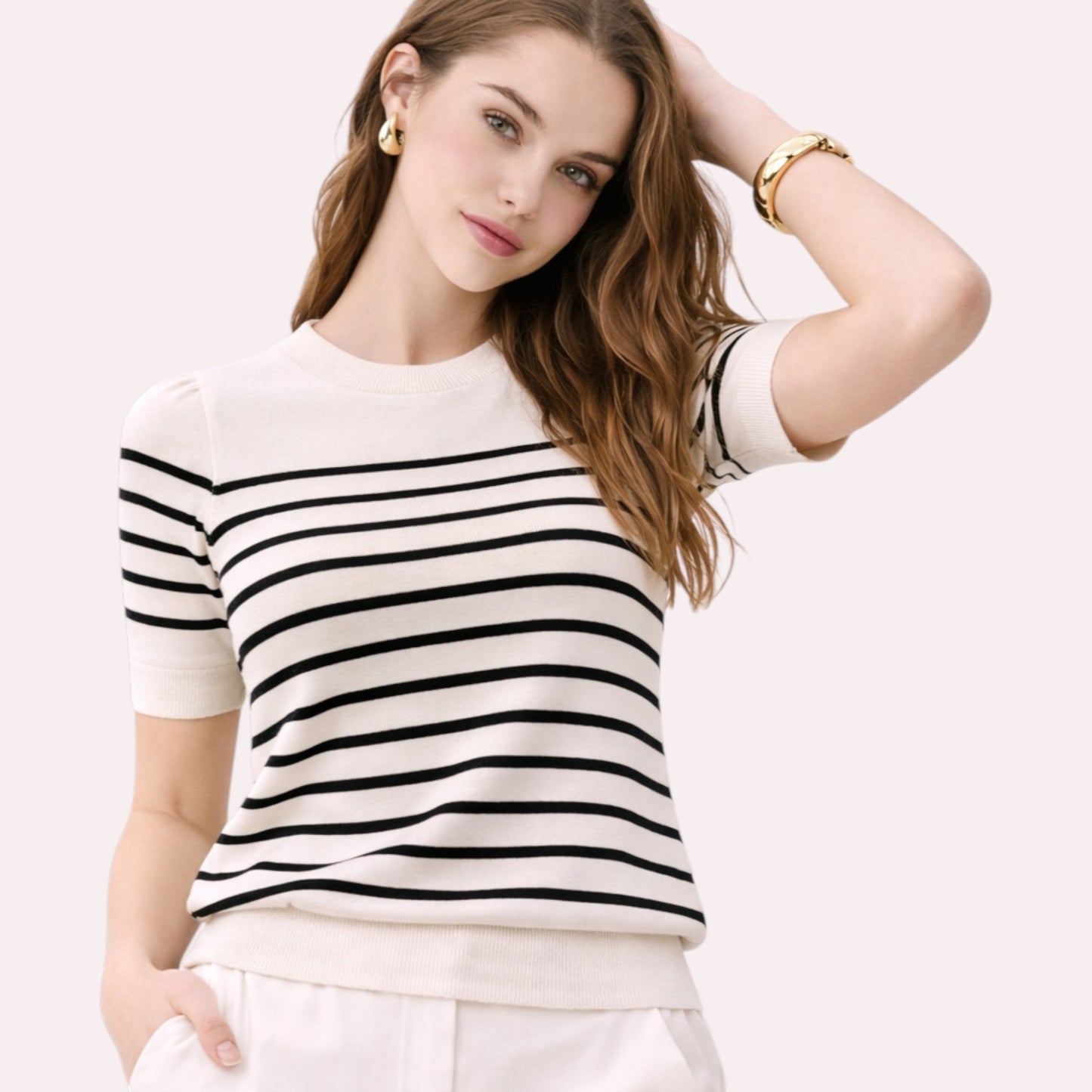 Striped Knit Short Sleeve Sweater Womens Boutique Knit Top