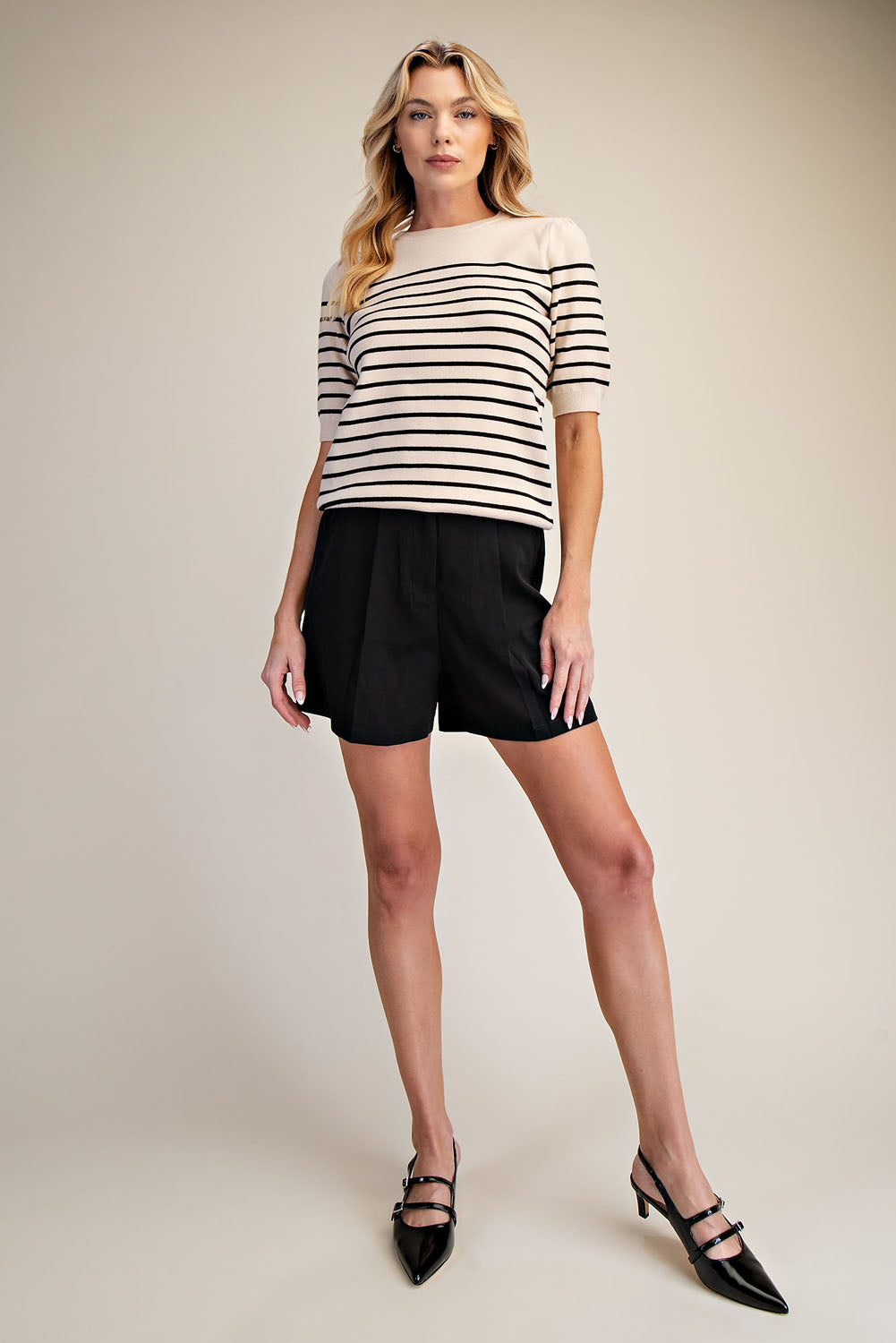 Striped Knit Short Sleeve Sweater Top