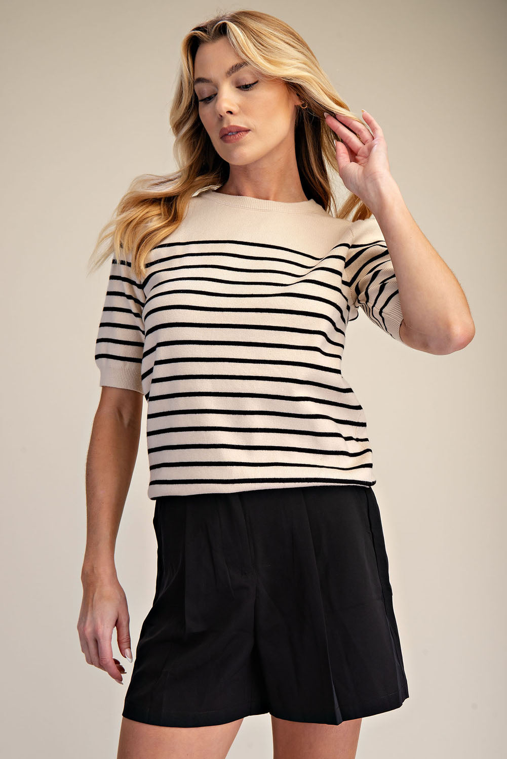 Striped Knit Short Sleeve Sweater Top