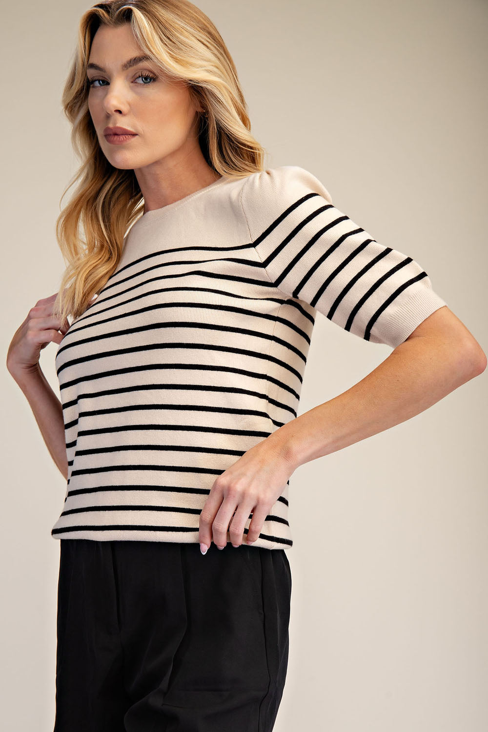 Striped Knit Short Sleeve Sweater Top