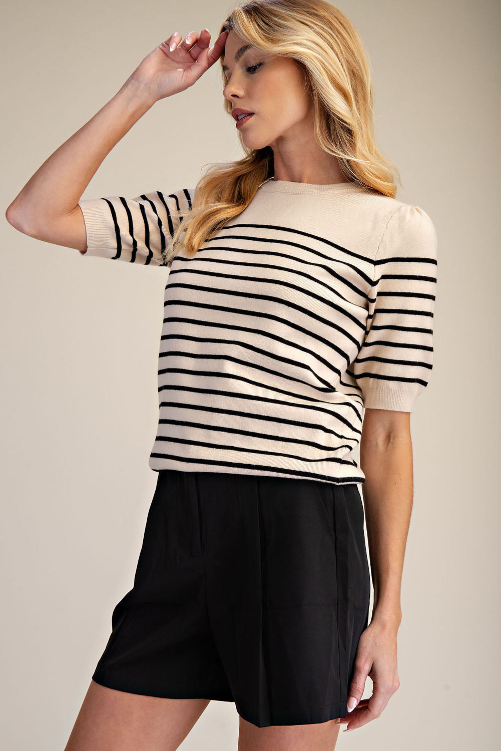Striped Knit Short Sleeve Sweater Top
