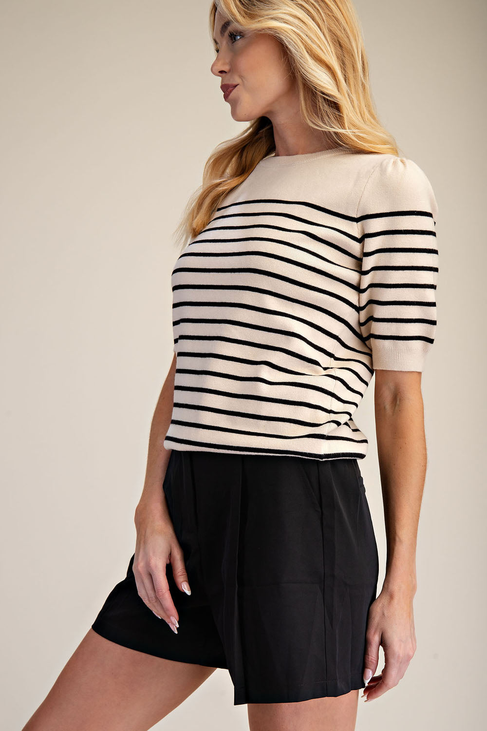 Striped Knit Short Sleeve Sweater Top