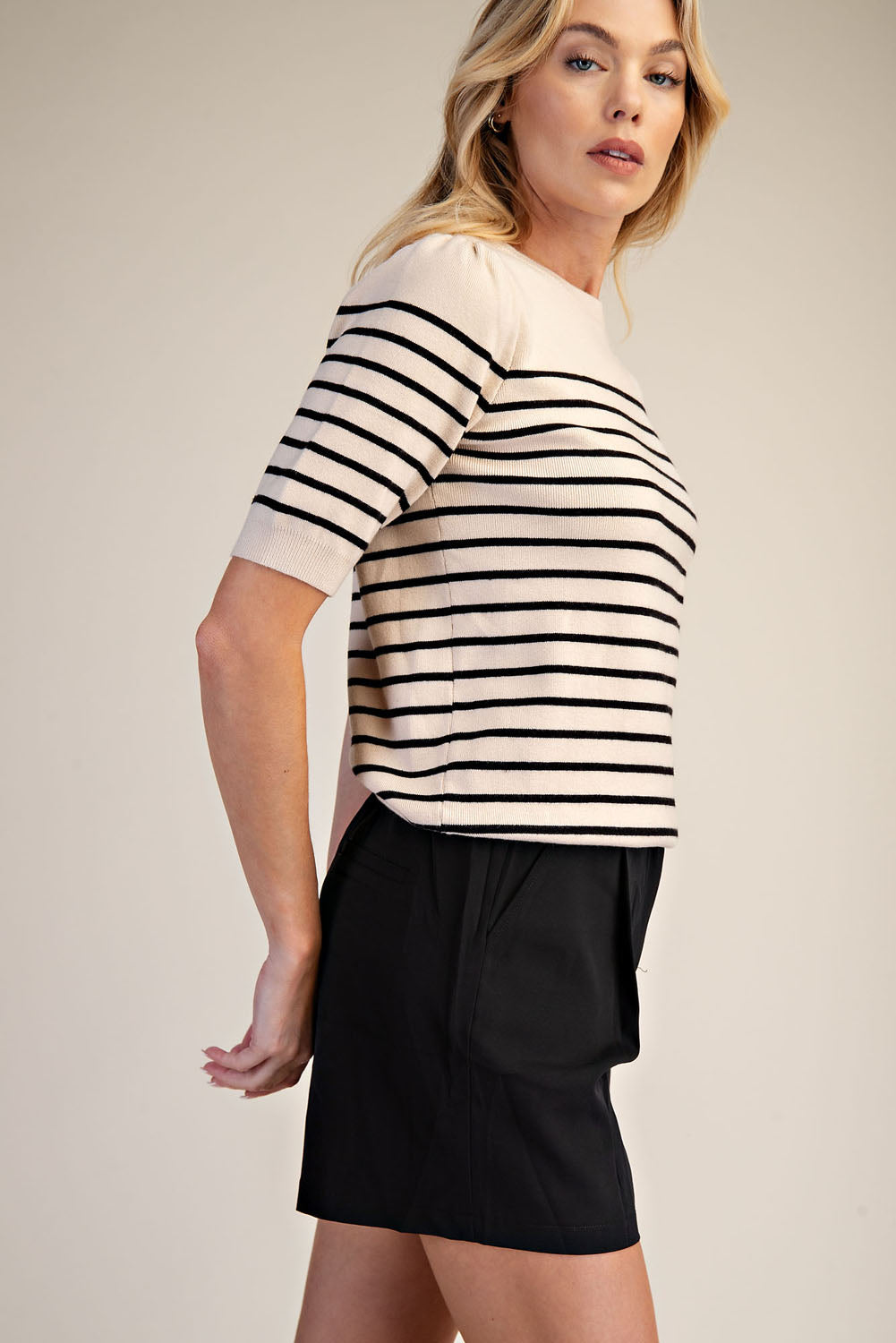 Striped Knit Short Sleeve Sweater Top