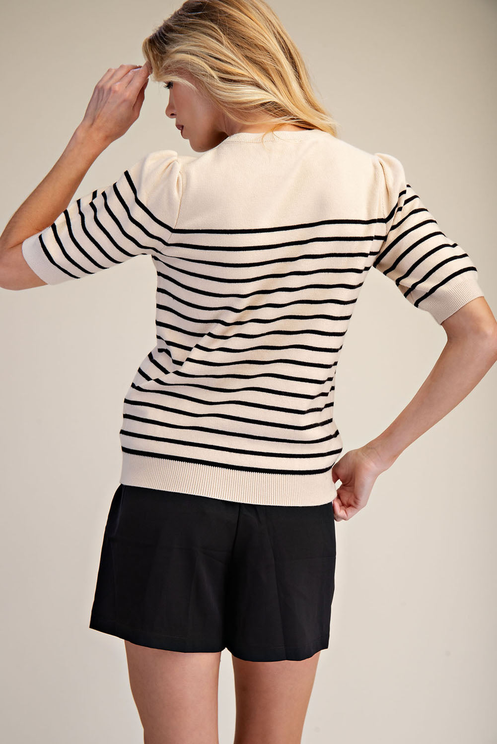 Striped Knit Short Sleeve Sweater Top