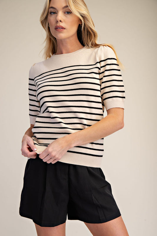 Striped Knit Short Sleeve Sweater Top