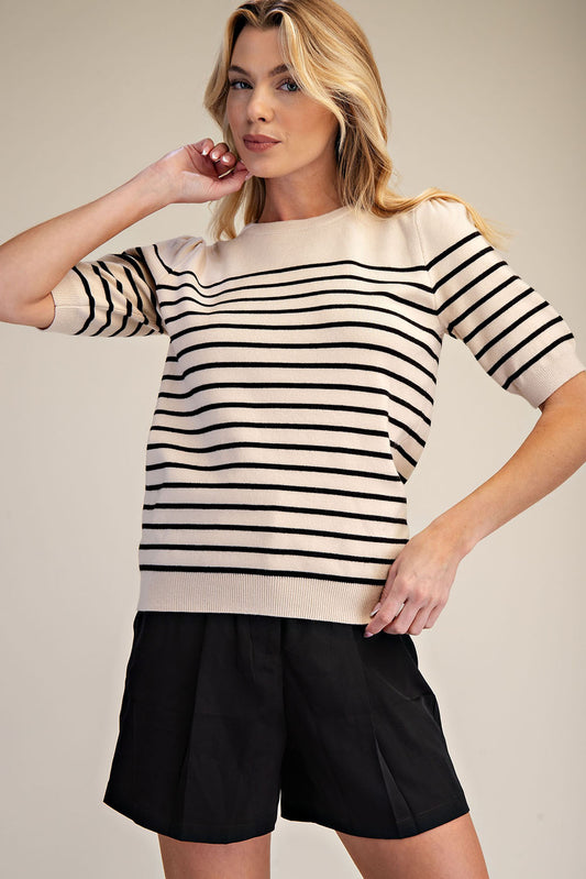 Striped Knit Short Sleeve Sweater Top