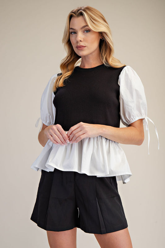 PST1060 Contrast Puff Sleeve Peplum 2fer Knit Top