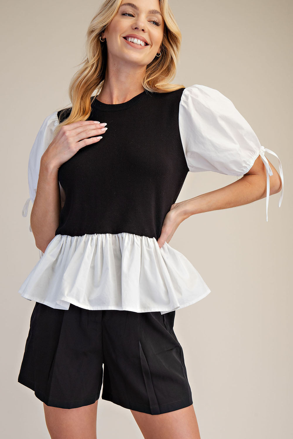 PST1060 Contrast Puff Sleeve Peplum 2fer Knit Top