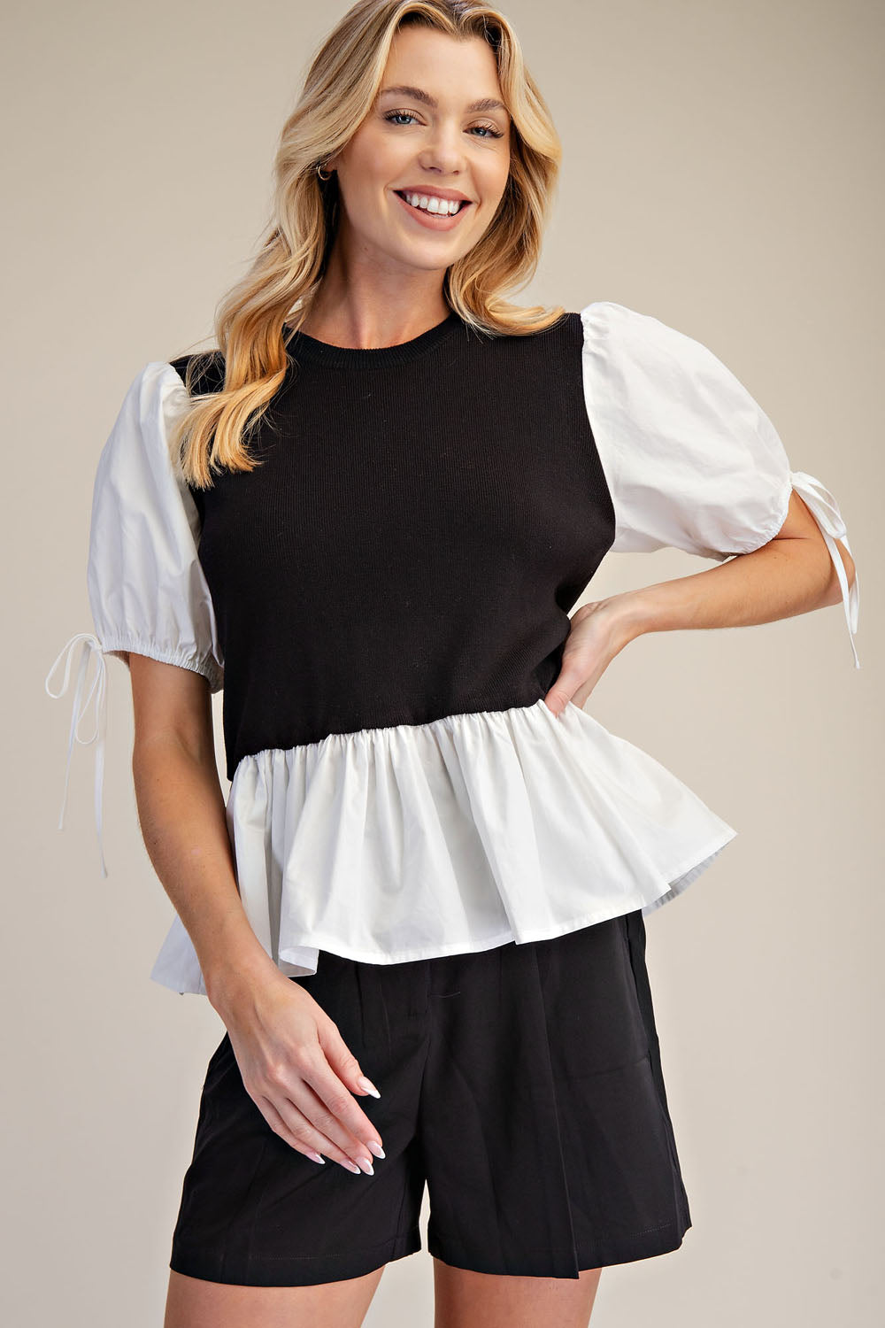 PST1060 Contrast Puff Sleeve Peplum 2fer Knit Top