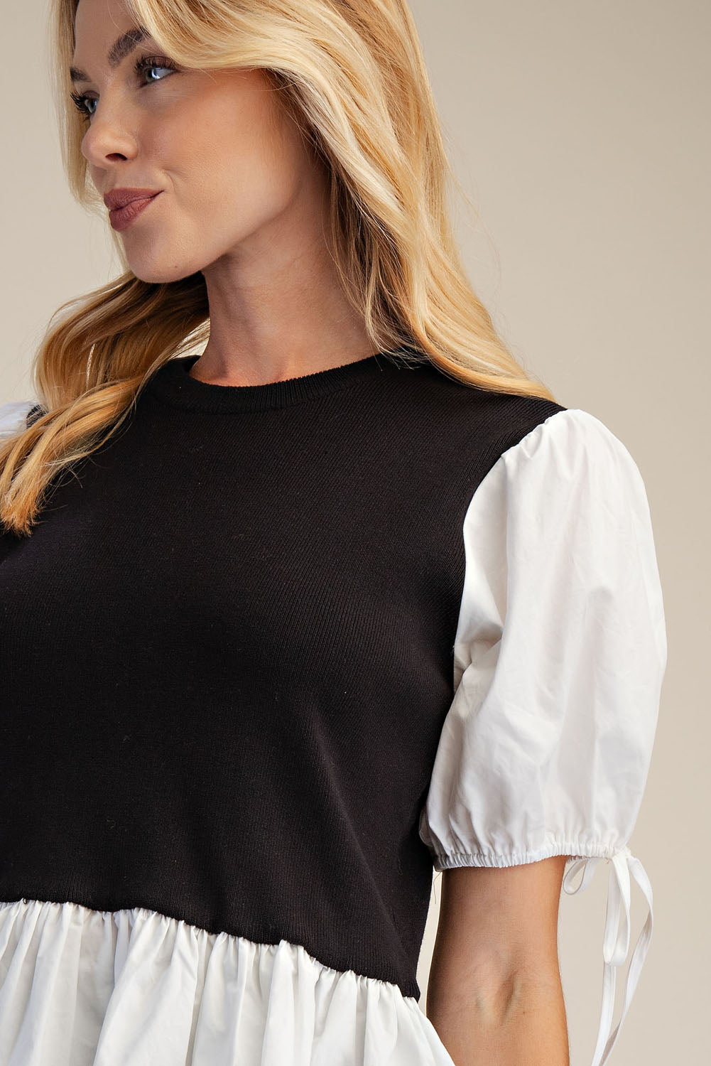 PST1060 Contrast Puff Sleeve Peplum 2fer Knit Top