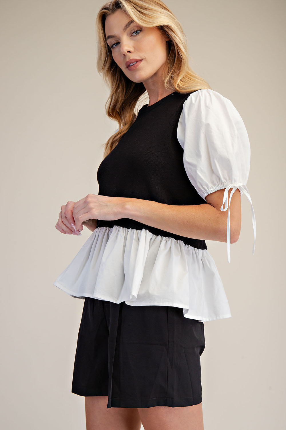 PST1060 Contrast Puff Sleeve Peplum 2fer Knit Top