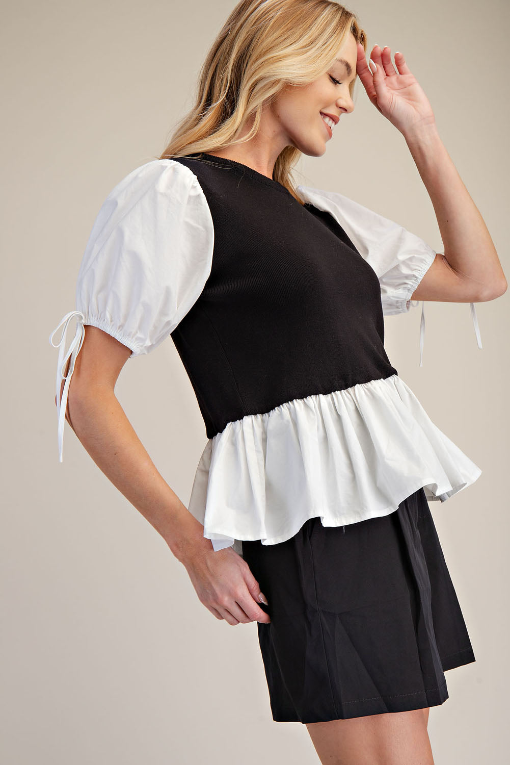 PST1060 Contrast Puff Sleeve Peplum 2fer Knit Top