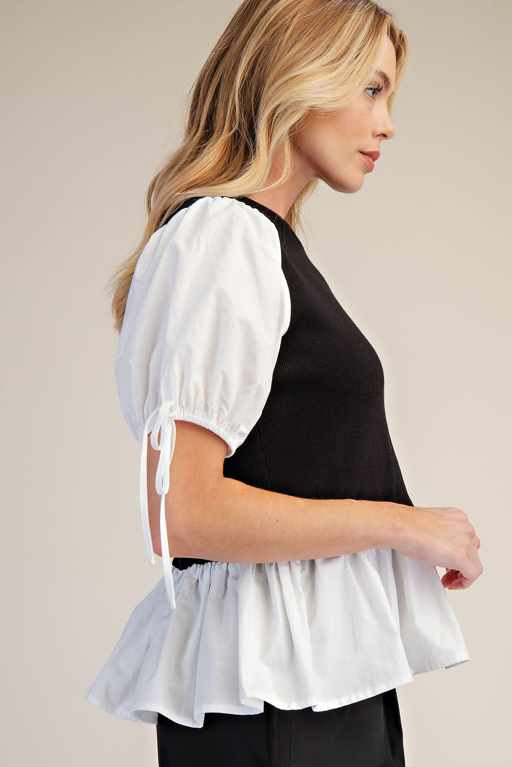PST1060 Contrast Puff Sleeve Peplum 2fer Knit Top