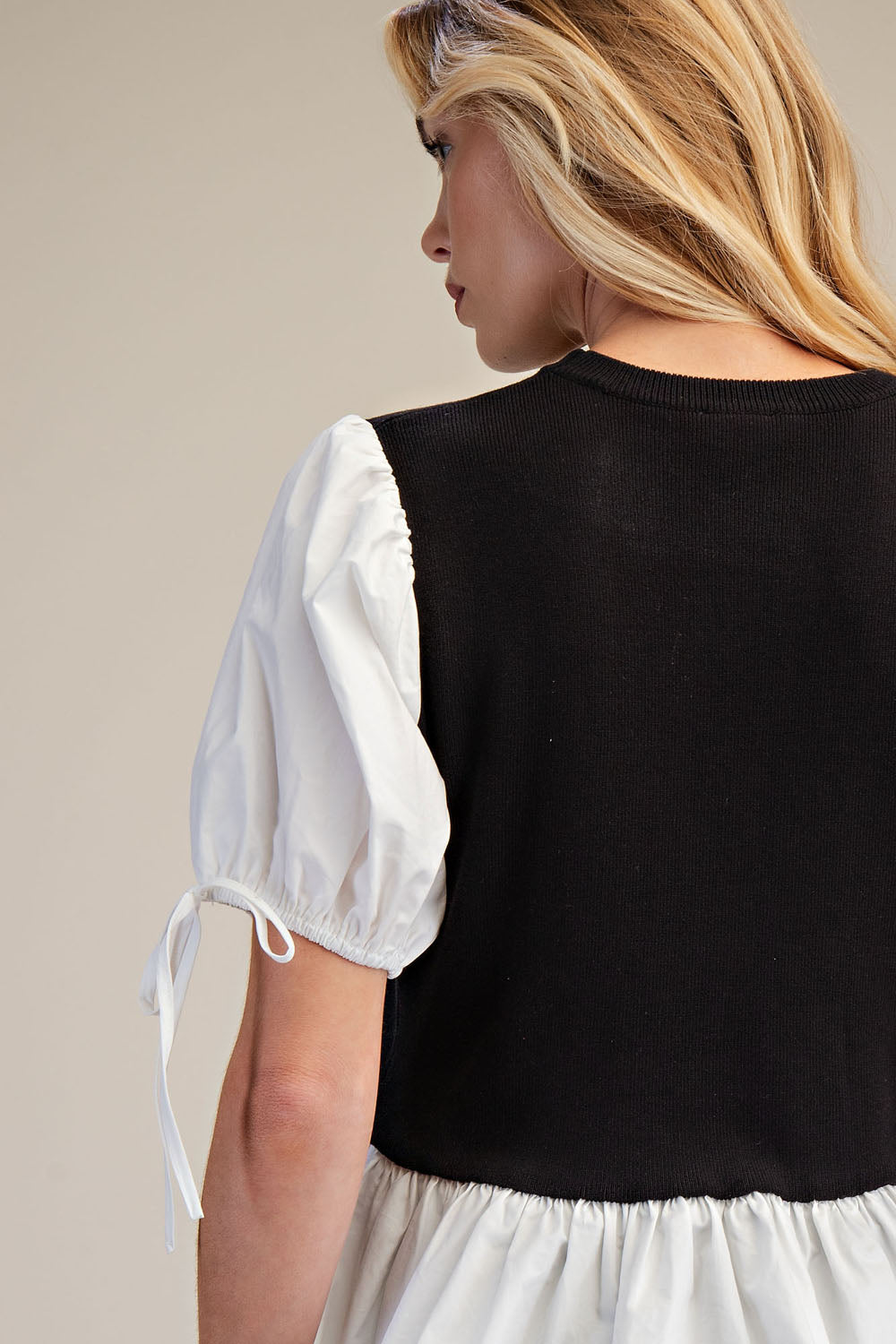 PST1060 Contrast Puff Sleeve Peplum 2fer Knit Top