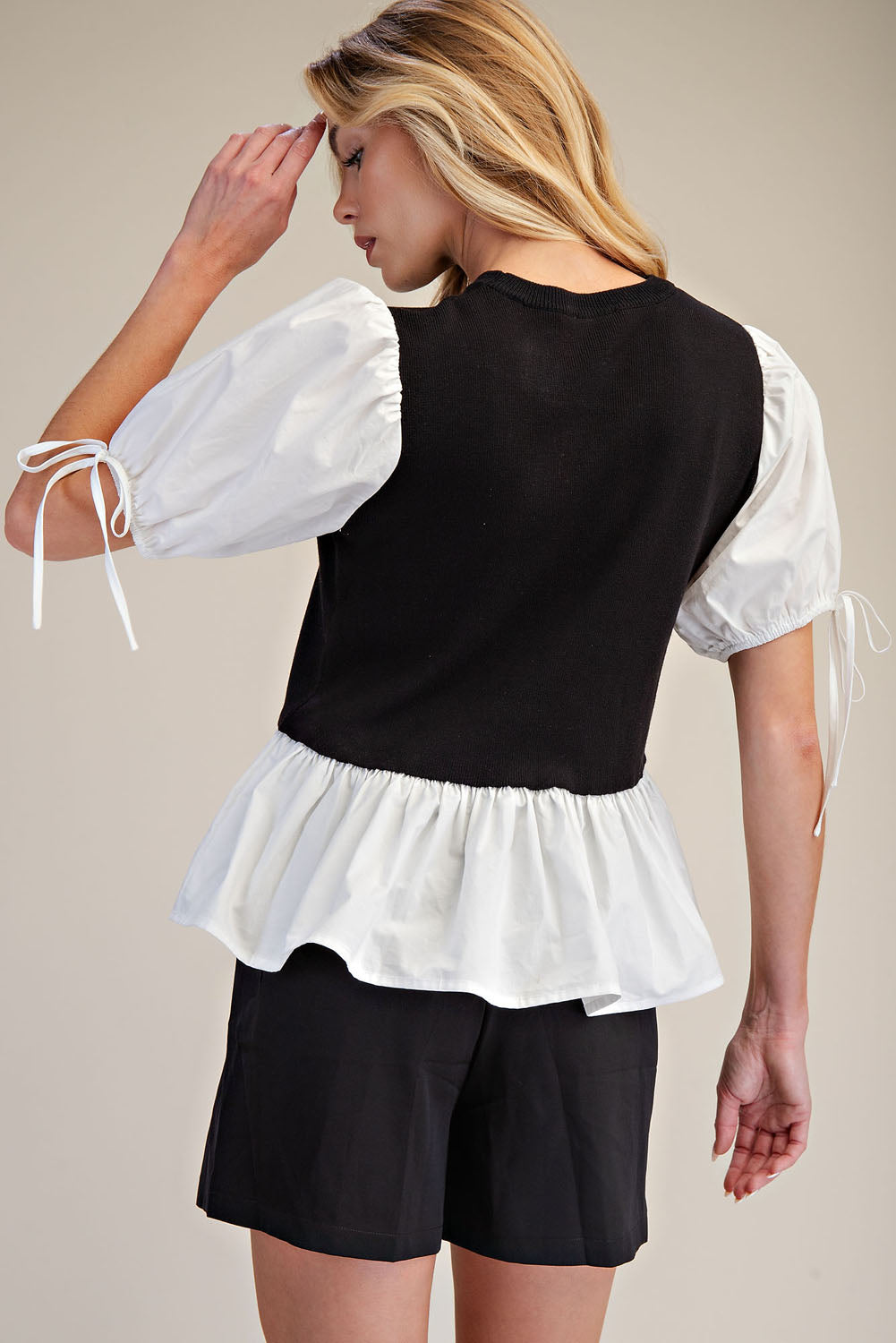 PST1060 Contrast Puff Sleeve Peplum 2fer Knit Top