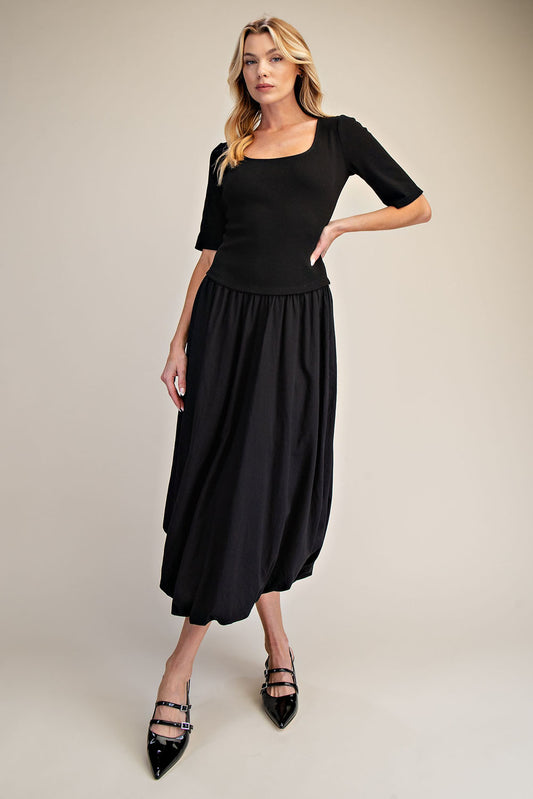 Black Ribbed Knit Top & Poplin Bubble Skirt Midi Dress