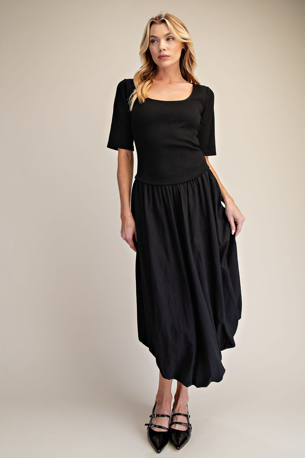 Black Ribbed Knit Top & Poplin Bubble Skirt Midi Dress