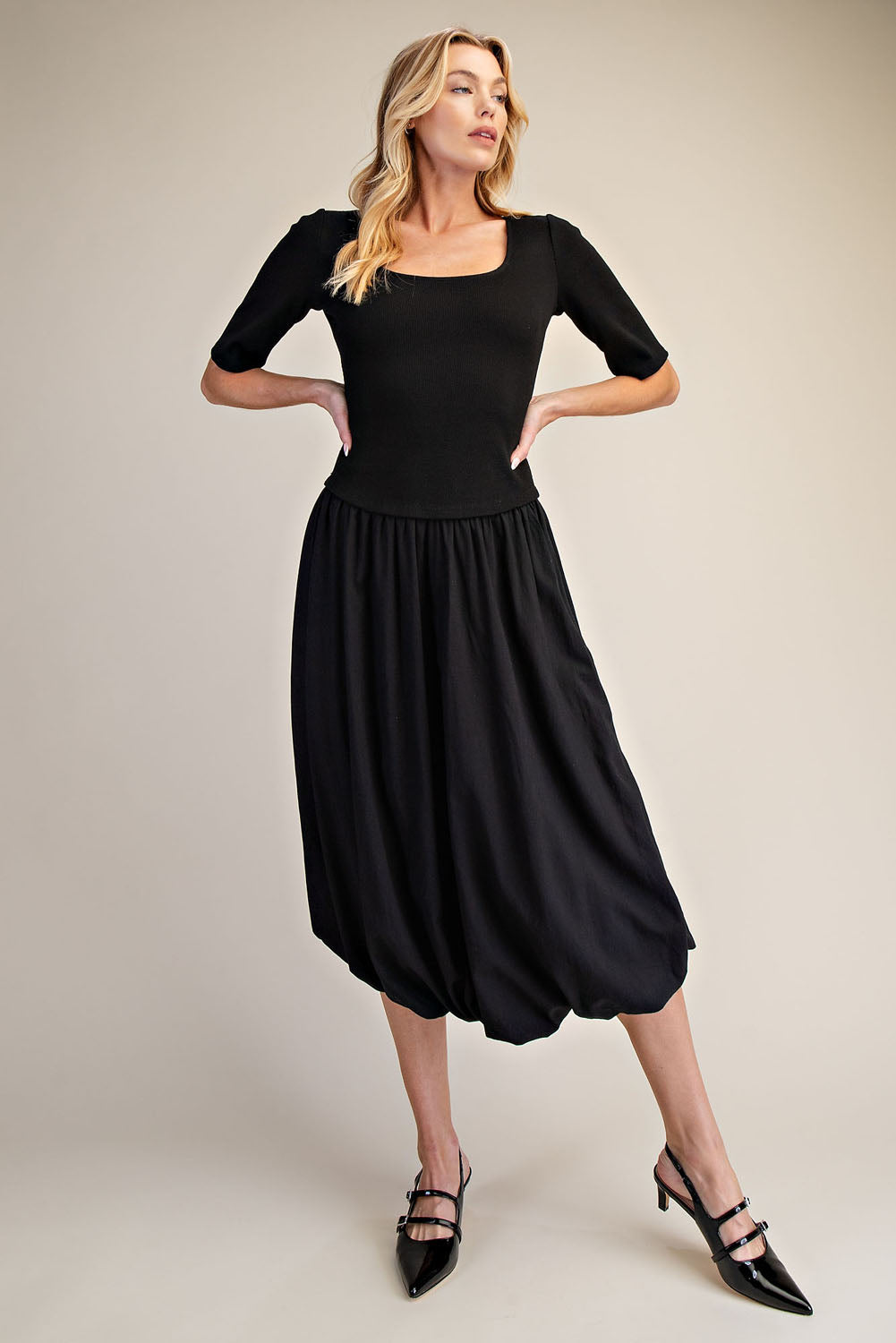 Black Ribbed Knit Top & Poplin Bubble Skirt Midi Dress
