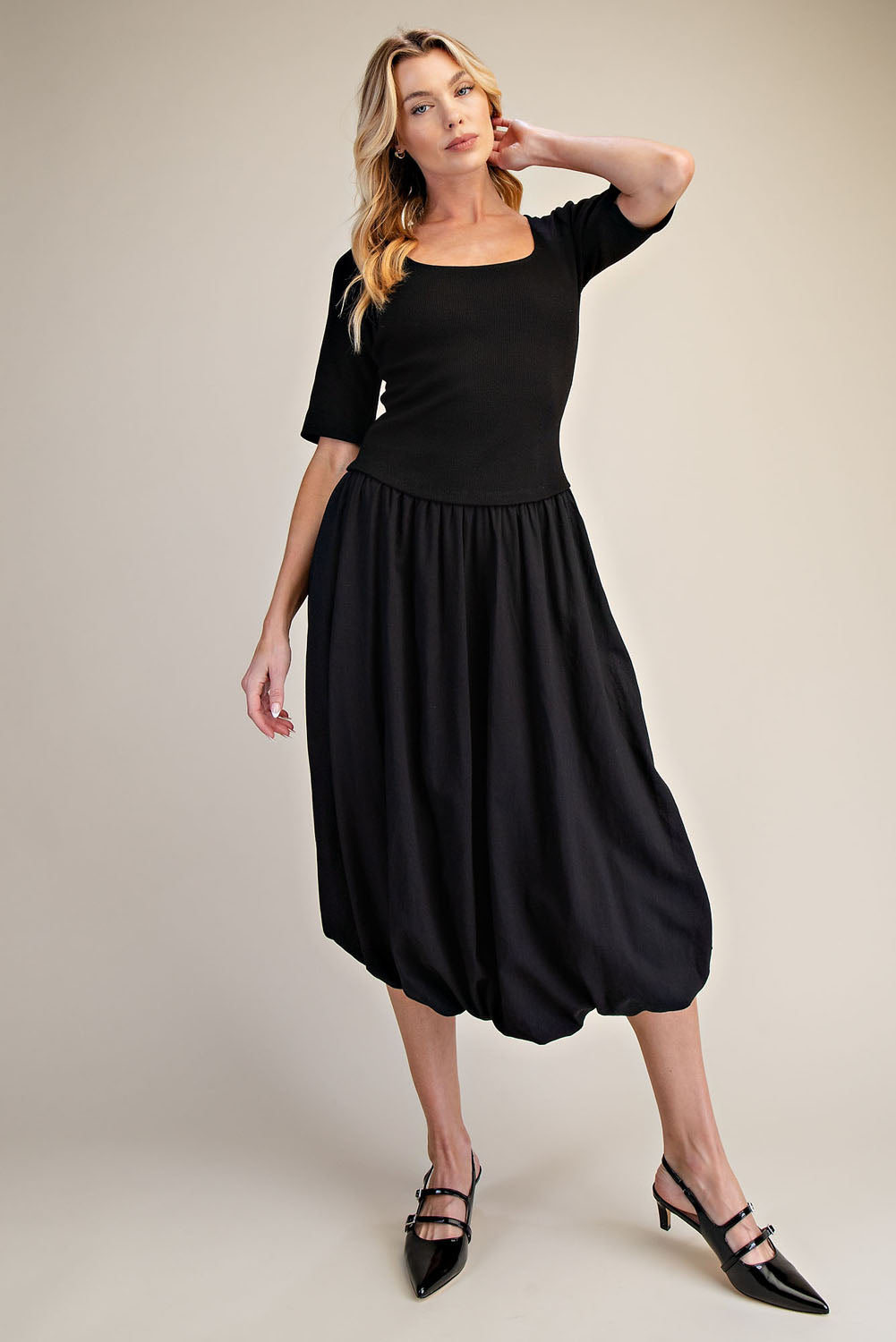 Black Ribbed Knit Top & Poplin Bubble Skirt Midi Dress