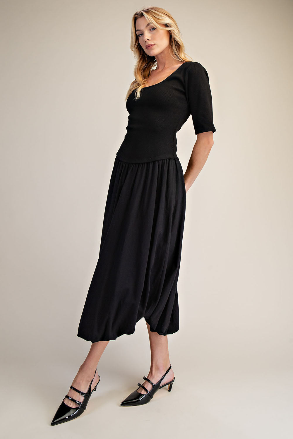 Black Ribbed Knit Top & Poplin Bubble Skirt Midi Dress
