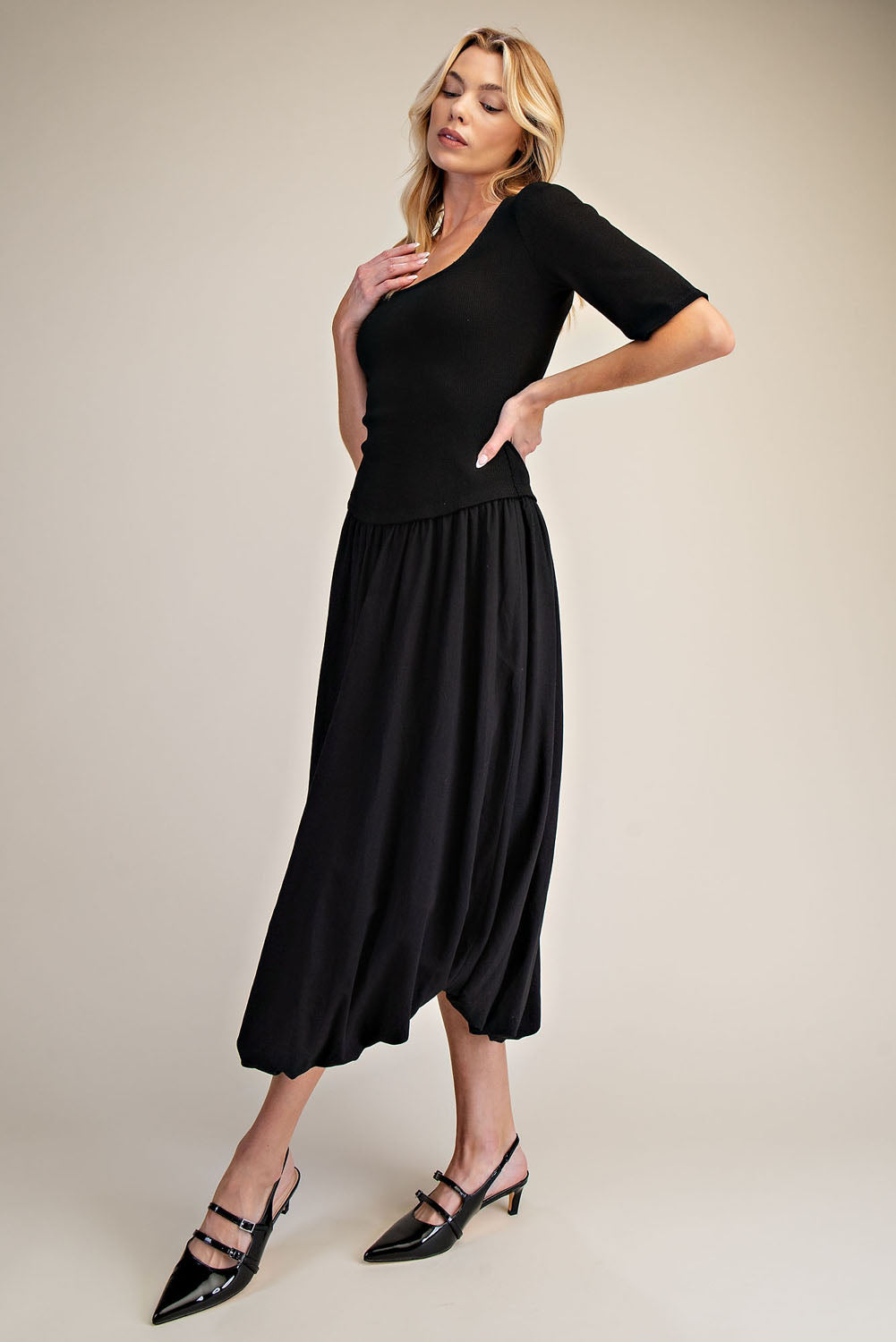 Black Ribbed Knit Top & Poplin Bubble Skirt Midi Dress