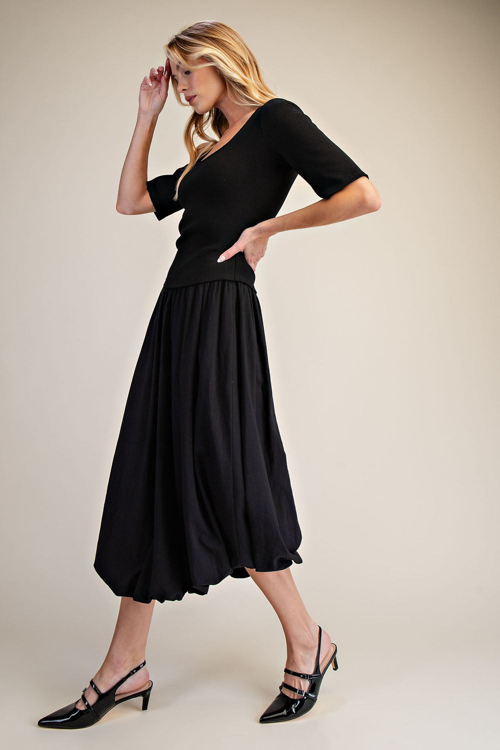 Black Ribbed Knit Top & Poplin Bubble Skirt Midi Dress