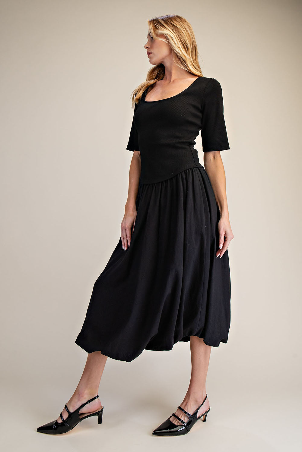 Black Ribbed Knit Top & Poplin Bubble Skirt Midi Dress