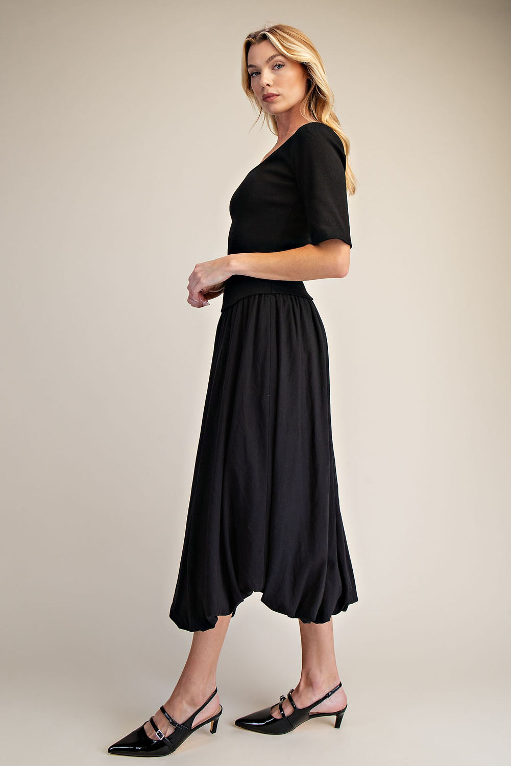 Black Ribbed Knit Top & Poplin Bubble Skirt Midi Dress