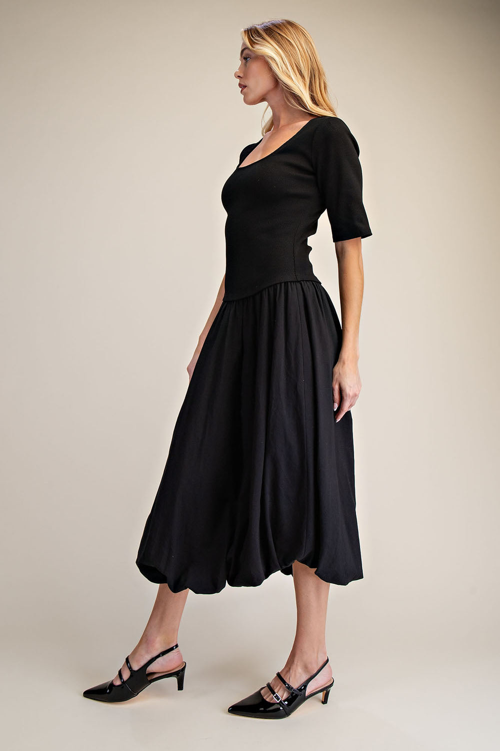 Black Ribbed Knit Top & Poplin Bubble Skirt Midi Dress