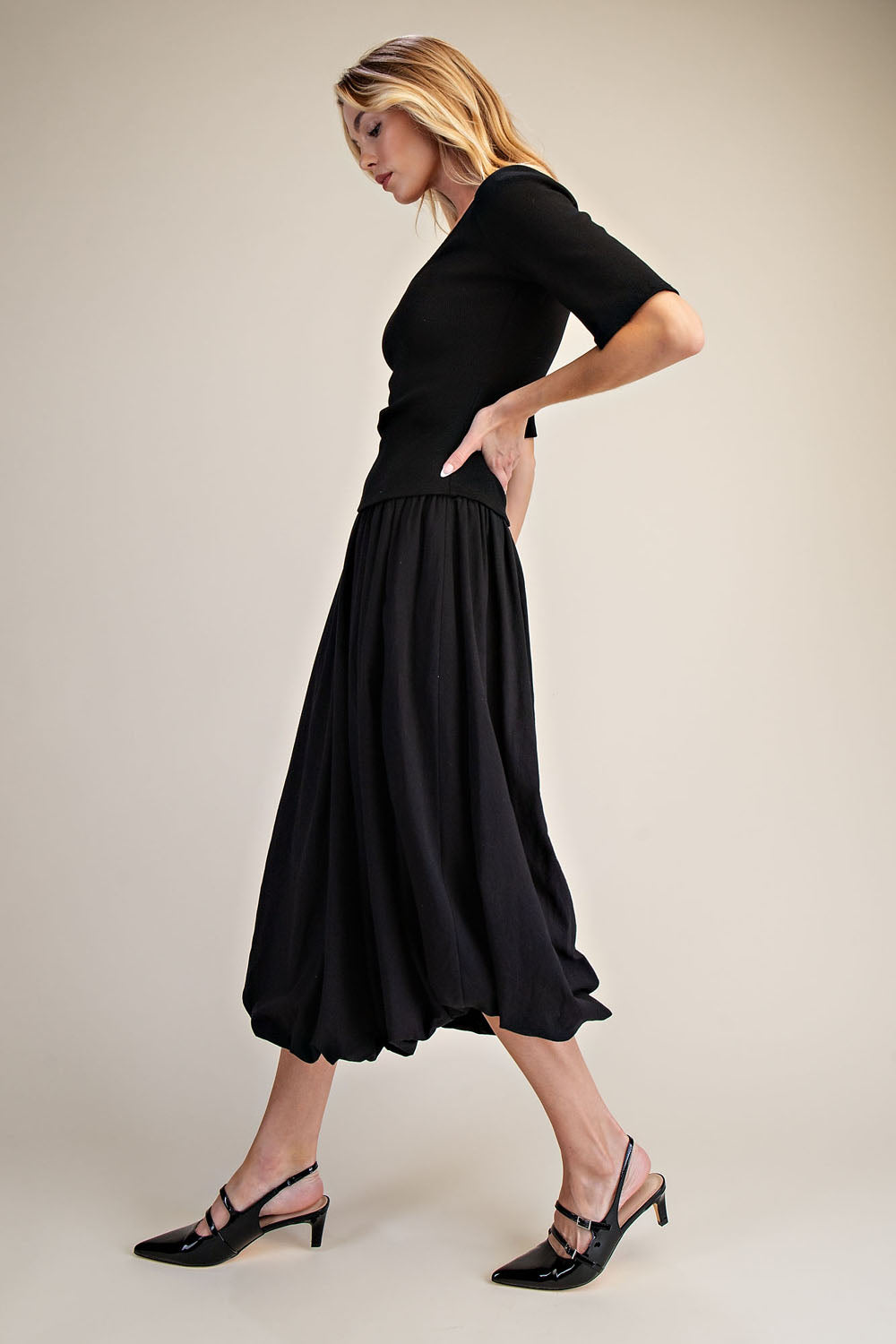 Black Ribbed Knit Top & Poplin Bubble Skirt Midi Dress