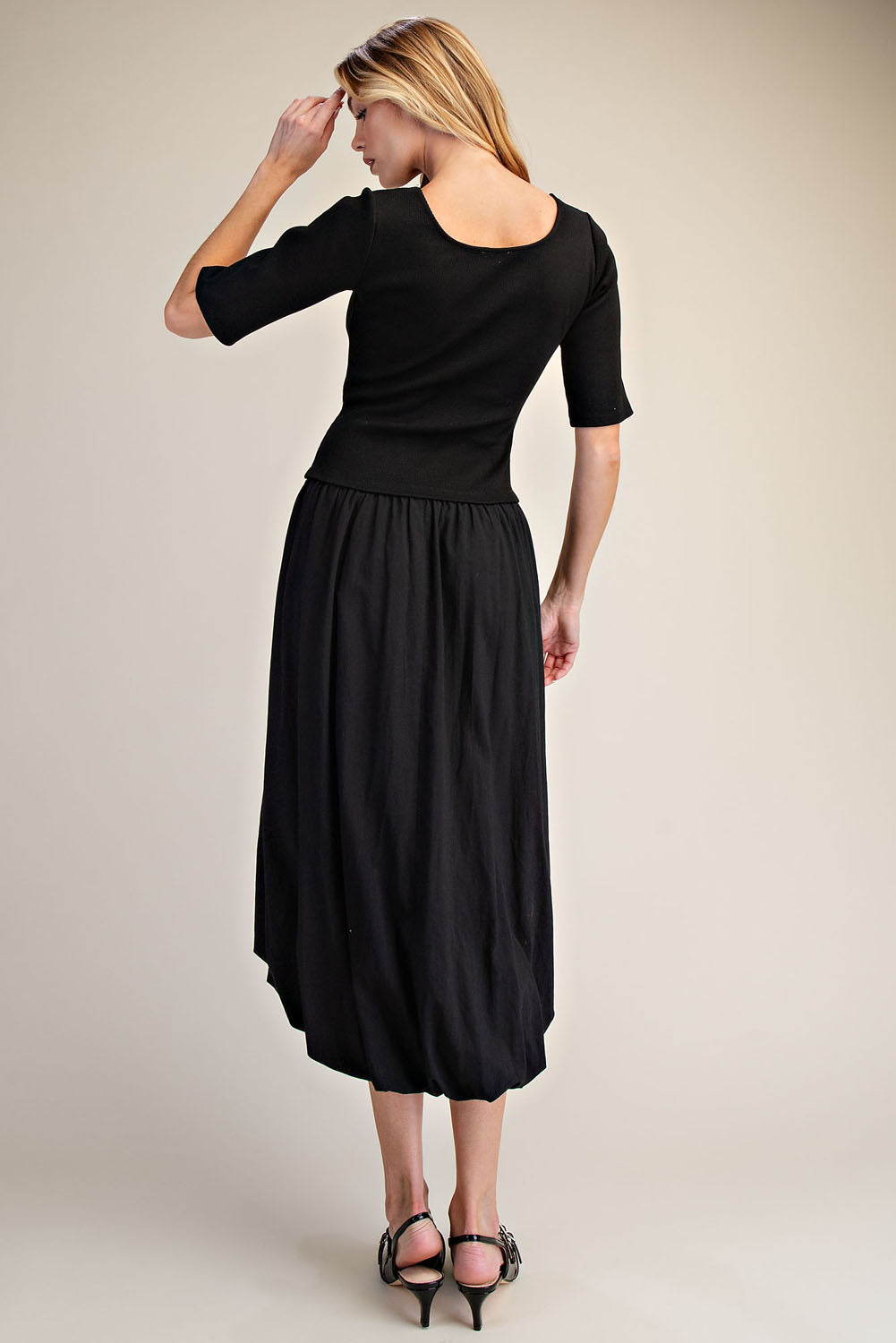 Black Ribbed Knit Top & Poplin Bubble Skirt Midi Dress