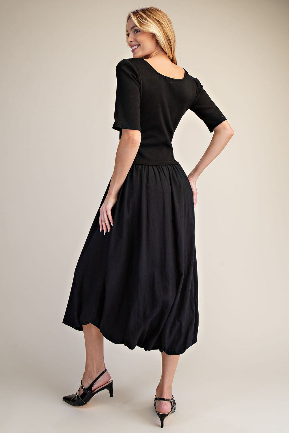Black Ribbed Knit Top & Poplin Bubble Skirt Midi Dress