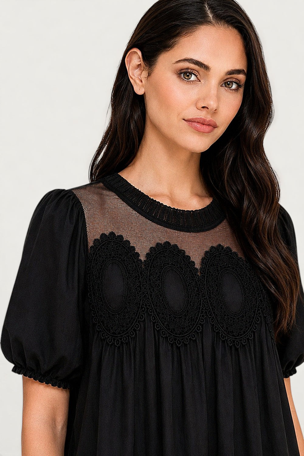 Crochet Lace Babydoll Mini Dress | Bubble Sleeve Tiered Boho Boutique