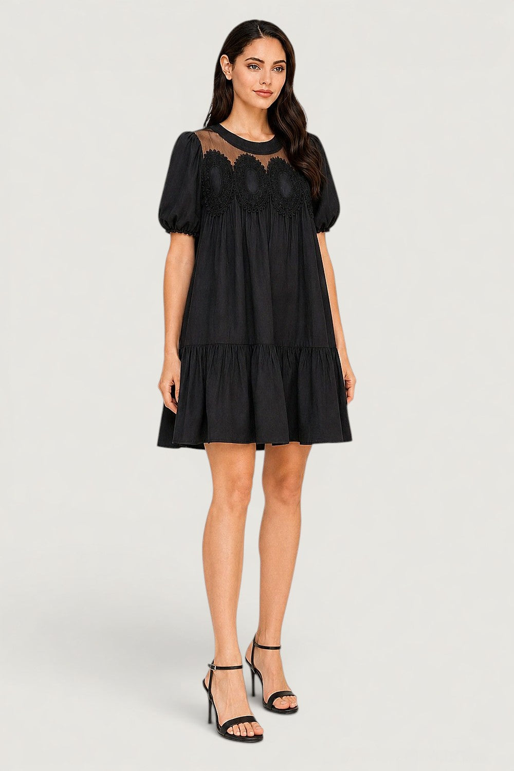 Crochet Lace Babydoll Mini Dress | Bubble Sleeve Tiered Boho Boutique