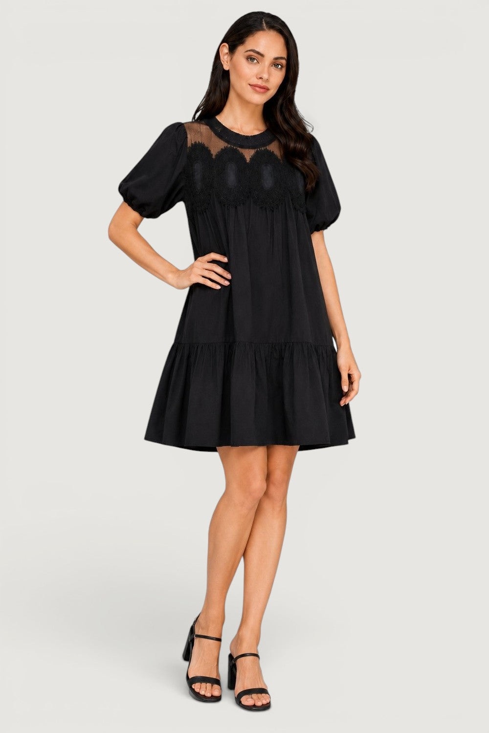 Crochet Lace Babydoll Mini Dress | Bubble Sleeve Tiered Boho Boutique