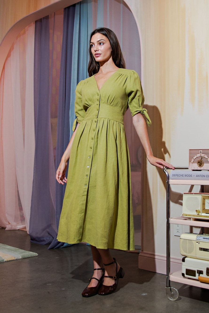 Button Front Puff Sleeve Linen Maxi Dress