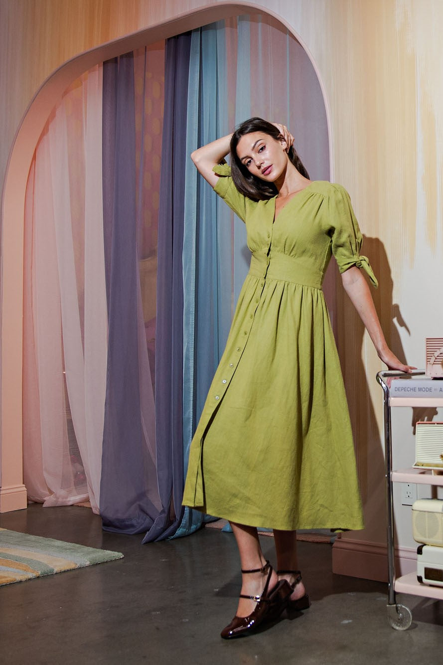 Button Front Puff Sleeve Linen Maxi Dress